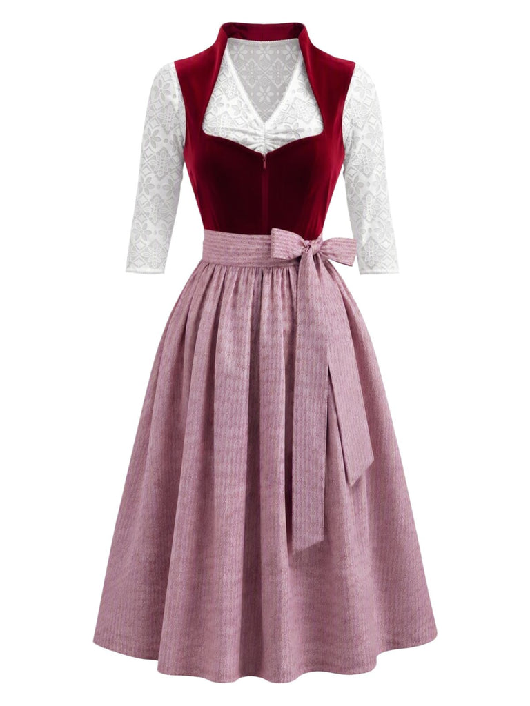 Burgunderrotes & Weißes 50er Kleid mit Herzausschnitt und Samt