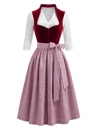 Burgunderrotes & Weißes 50er Kleid mit Herzausschnitt und Samt