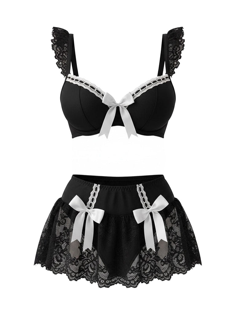 [Vorverkauf] Schwarz 1980er Spitze Bogen Maid Kostüm Loungewear Set