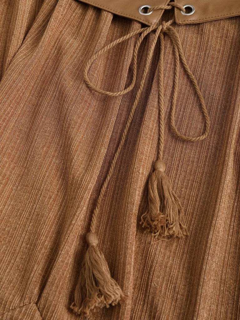 [Übergröße] 1970er Boho Binden Quaste Saum Rüschen Gerippt Kleid