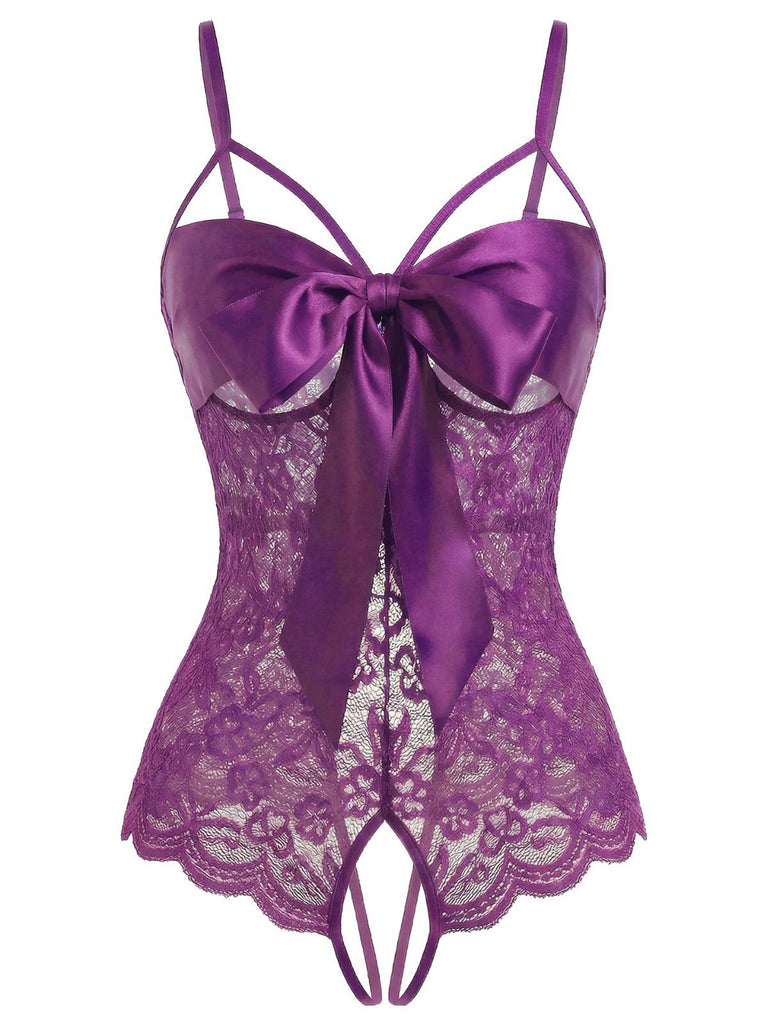 Rot 1970er Spitze Satin Bogen Verstellbar Träger Dessous