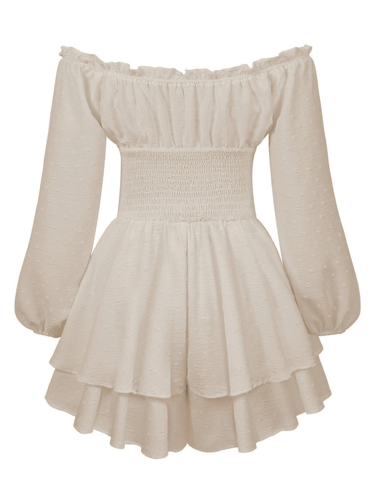 1950er Uni Schulterfrei Langarm Gesmoked Mini Kleid