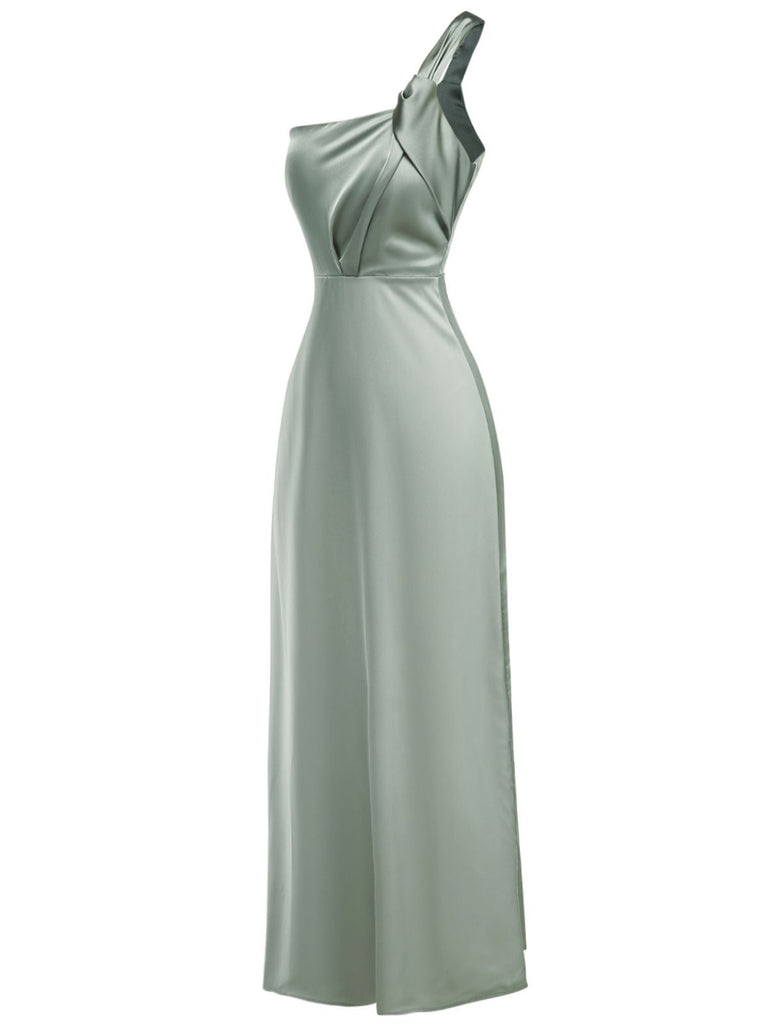 1940er Solide Satin Eine Schulter Kleid