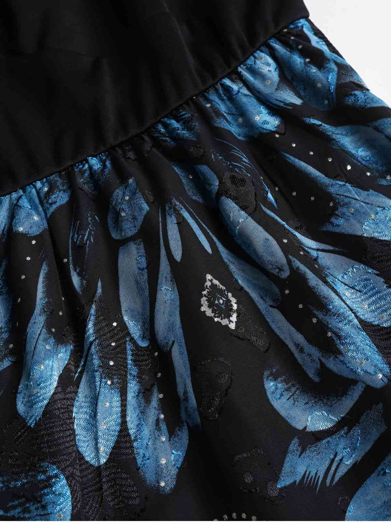 [Übergröße] Dunkelblau 1950er Feder Jacquard Asymmetrisch Kleid