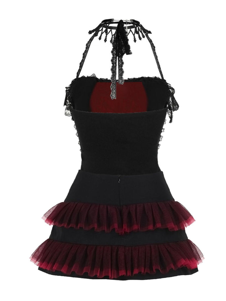 2PCS Schwarz 1980er Gothic Steampunk Halter Kreuz Camisole & Mini Rock