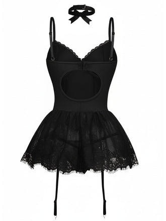 Schwarzes 60er Korsett-Body-Set mit Spitzenbesatz