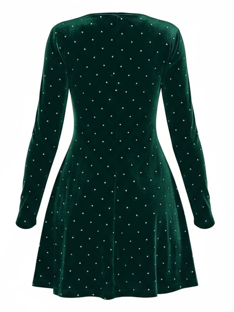 Dunkelgrün 1980er Samt Strassstein Tailliert Party Kleid