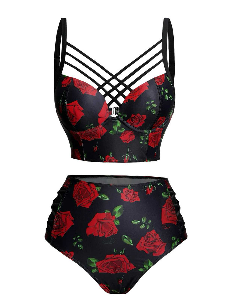 Schwarz 1980er Träger Roses Gothic Bikini Set