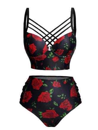 Schwarz 1980er Träger Roses Gothic Bikini Set