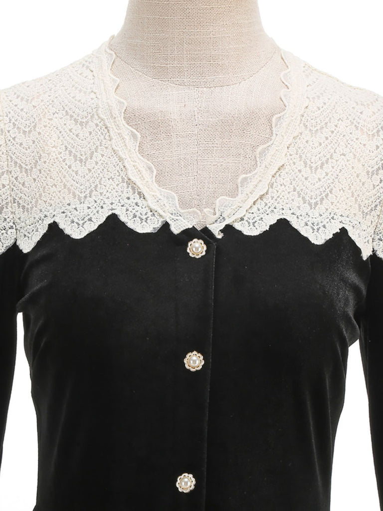 Schwarz 1950er Samt Stricken Kragen Perle Taste Kleid