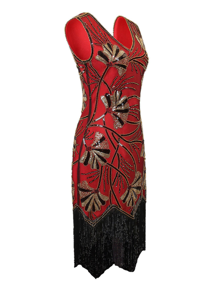 1920er V-Ausschnitt Pailletten Perlenbesatz Flapper Kleid