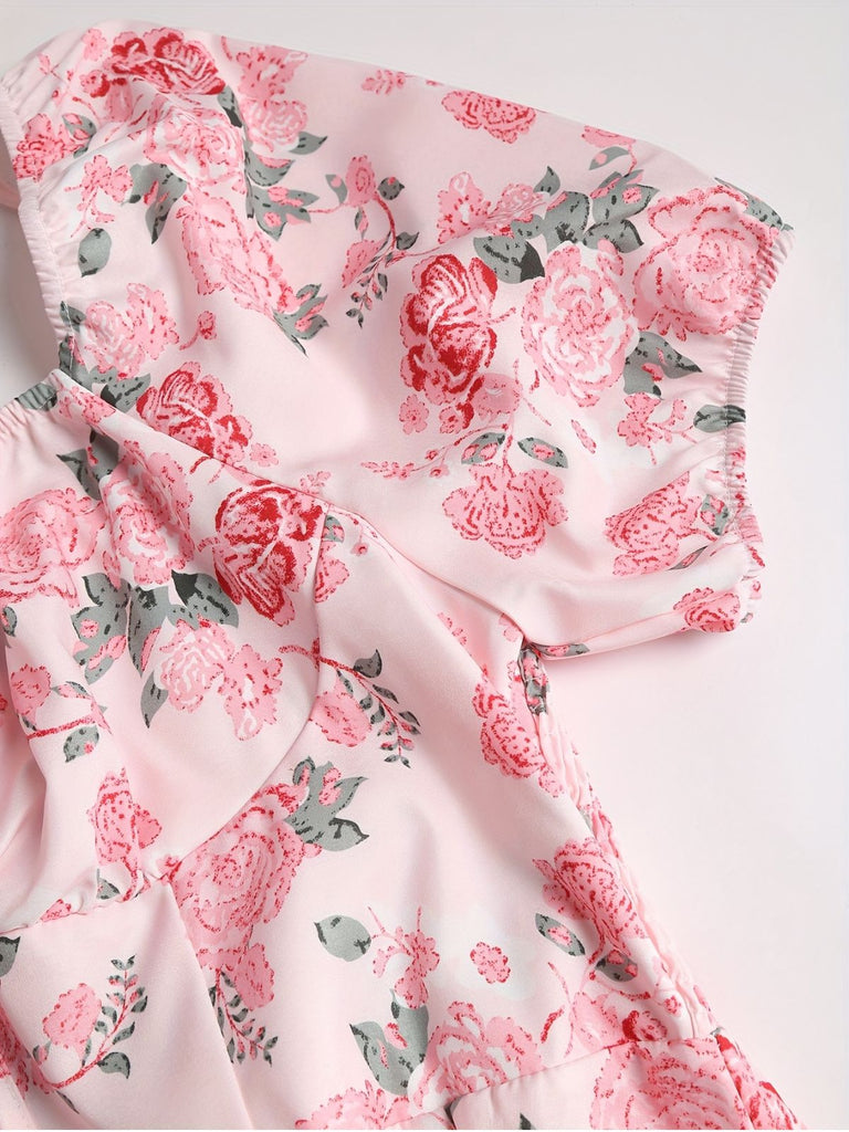 [Übergröße] Rosa 1950er Quadratischer Hals Blumen Kleid