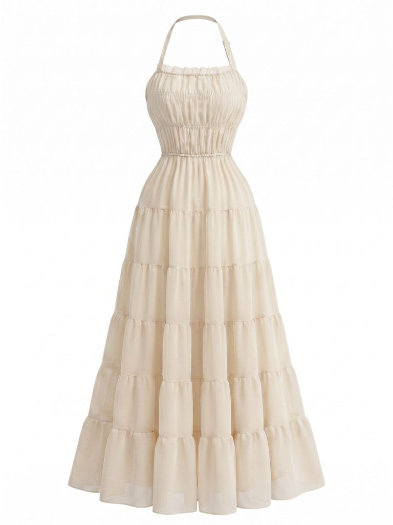 70er Chiffon-Maxikleid mit Neckholder und offenem Rücken