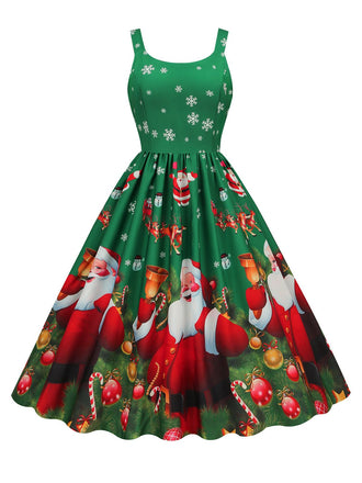 1950er Weihnachtsmann Schneeflocke U-Kragen Swing Kleid
