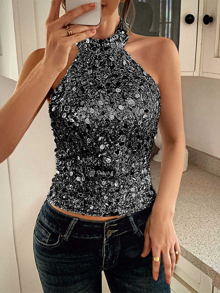 Metallic 1970er Halter Pailletten Ärmellos Top