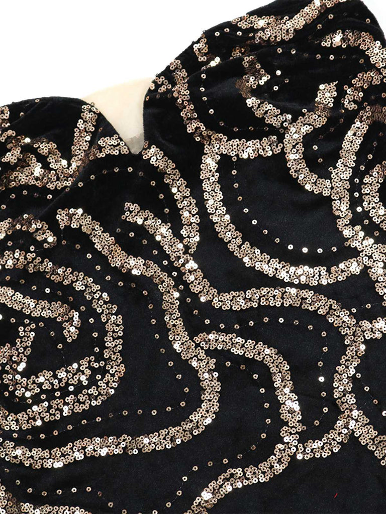 Schwarz 1980er Trägerlos Pailletten Bodycon Kleid