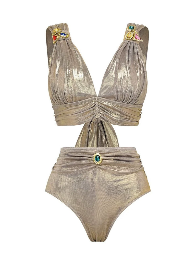 [Vorverkauf] 5PCS Gold 1980er Verziert Metallisch Ägyptisch-Inspiriert Bikini Set