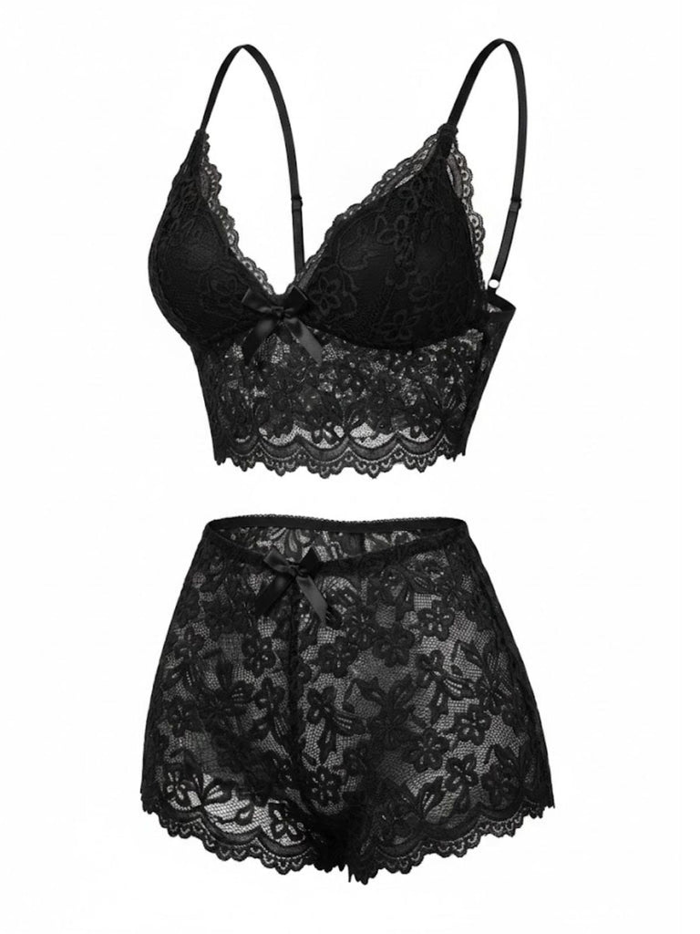 1960er Spaghetti Träger Spitze Blumen Bogen Pyjama Set