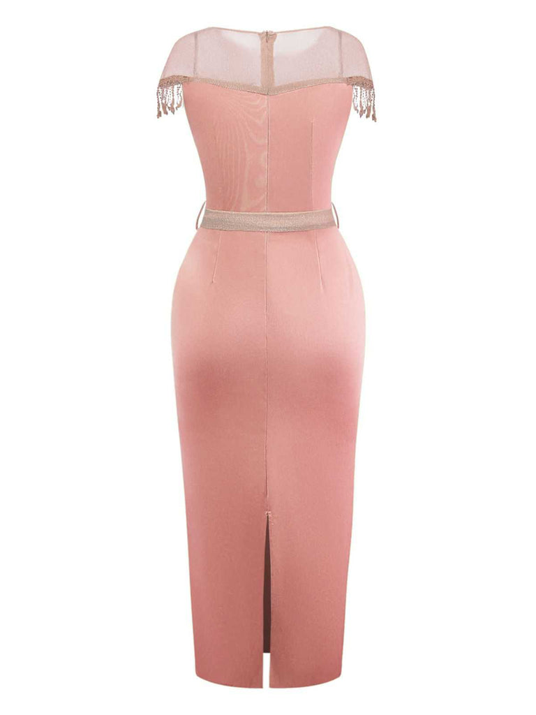 1960er Transparente Fransen Gürtel Enges Kleid