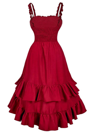 Rotes 1950er Träger Gerafft Gestuft Rüschen Saum Kleid