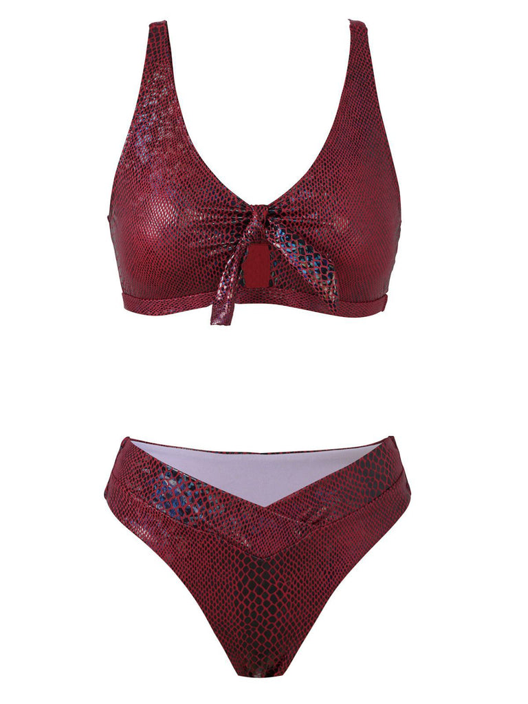 1970er Schlangenhaut Metallisch Front-Bindung Bikini Set