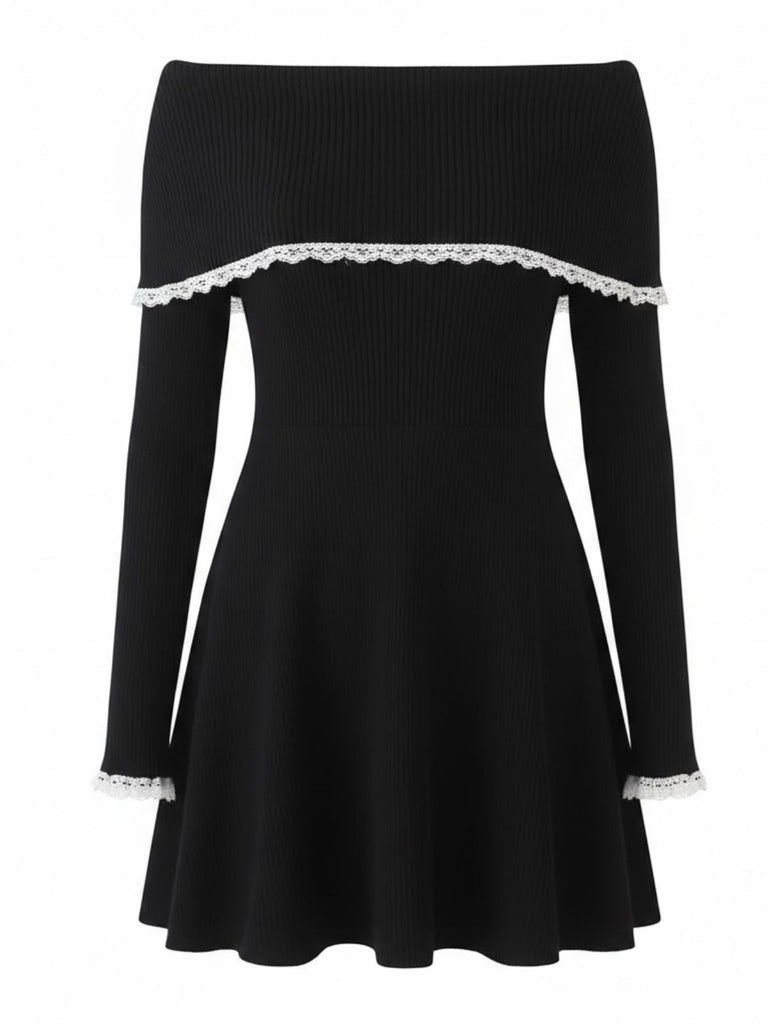 Weiß 1970er Schulterfrei Spitze Stricken Kleid