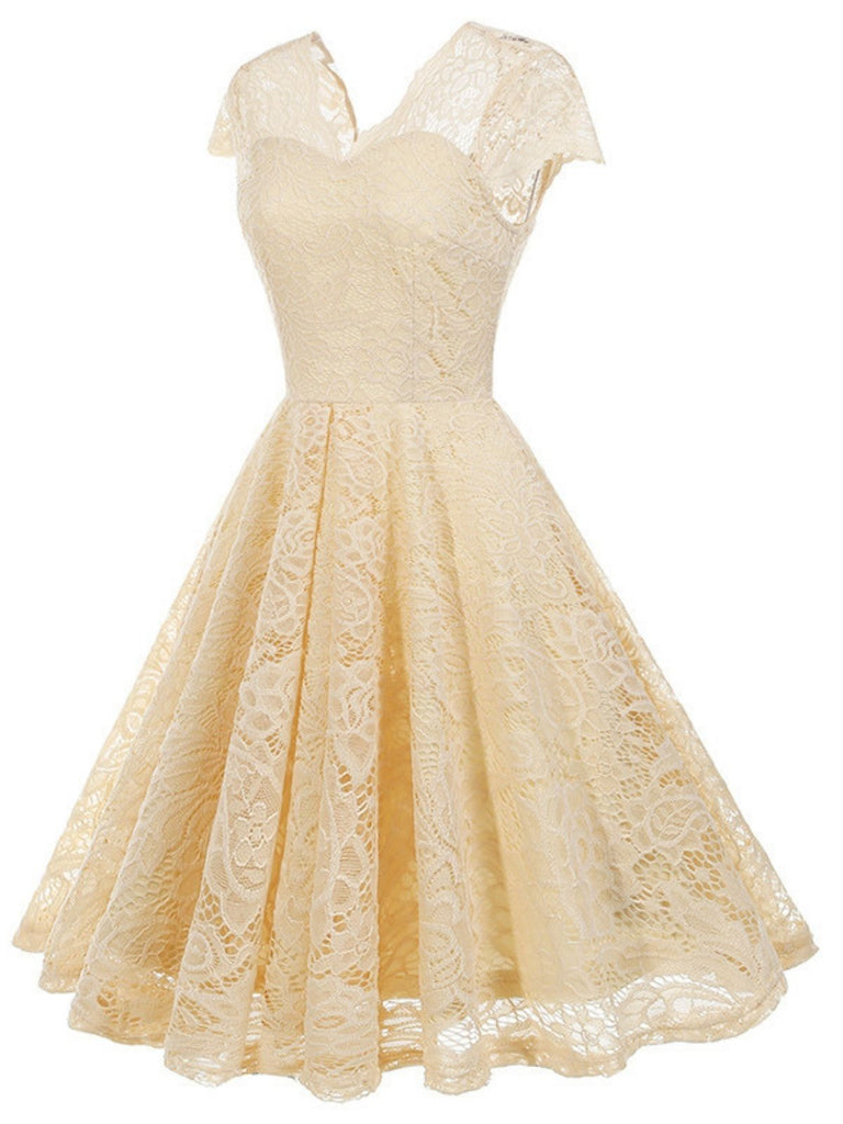 1950er Solide V-Ausschnitt Ärmellos Spitze Kleid