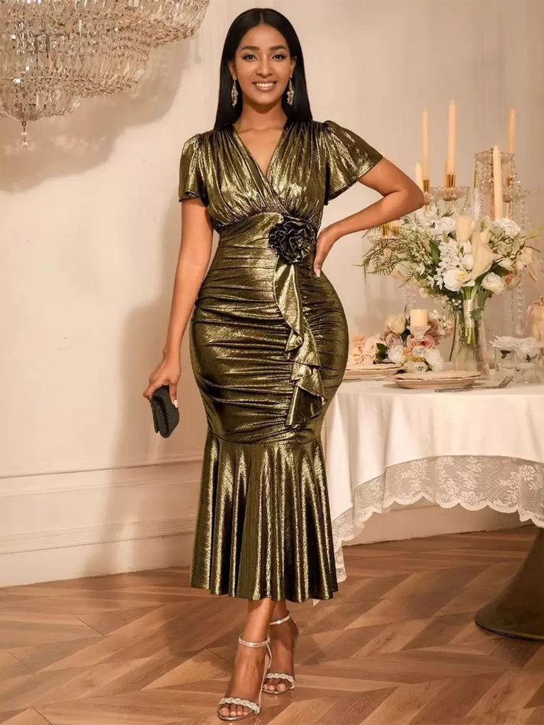 1930er Metallic Strukturiert Blumen Tailliert Fischschwanz Kleid