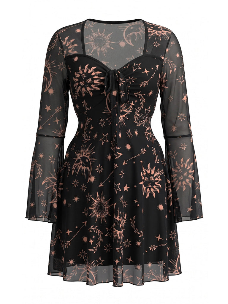 [Übergröße] Schwarzes 80er Meshkleid mit Kosmosprint