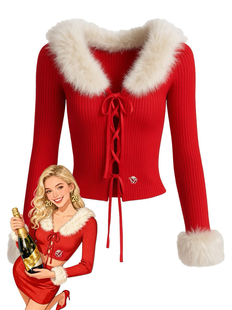 Rot 1980er Abnehmbar Pelz Kragen Bindung Stricken Strickjacke