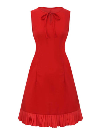 Rot 1960er Bogen Hals Rüsche Saum Ärmellos Kleid