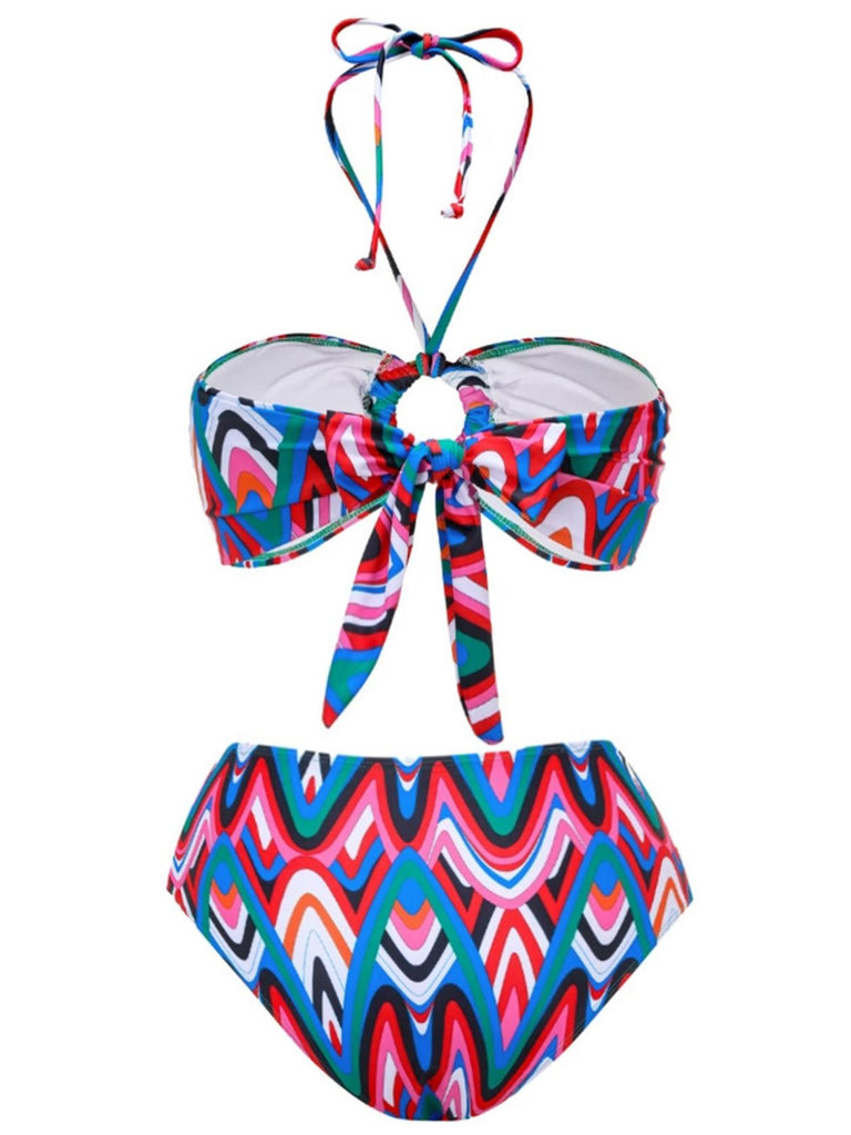 2PCS 1970er Fransendruck Schnürung Halter Bikini Set & Cover-Up