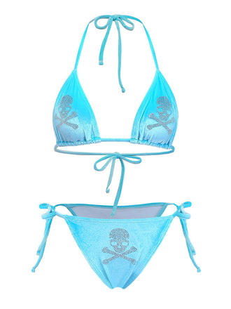 Blau 1980er Samt Strassstein Totenkopf Druck Bikini Set