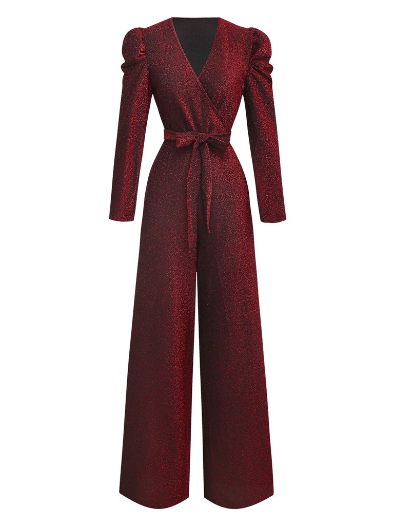Rot 1980er Funkeln Tief-V Langarm Jumpsuit