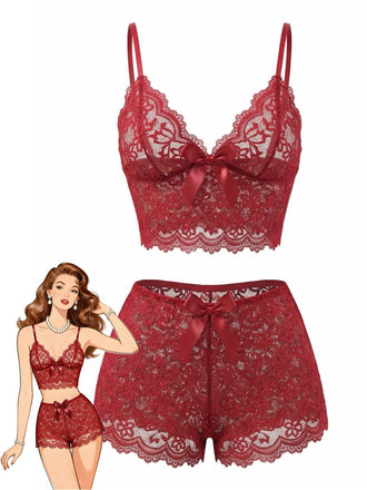 1960er Spaghetti Träger Spitze Blumen Bogen Pyjama Set