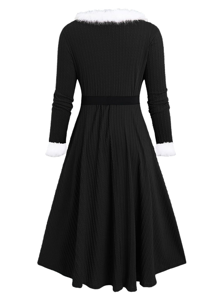 [Übergröße] Weiß 1940er Pelzkragen V-Ausschnitt Gürtel Kleid
