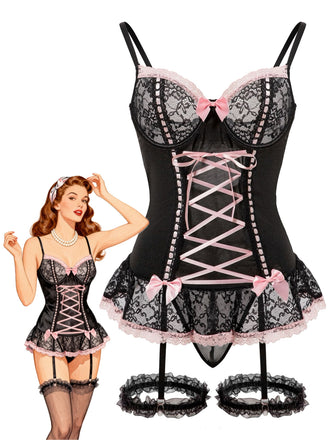 1970er Kontrastiert Spitze Netz Bogen Schnürung Dessous Set