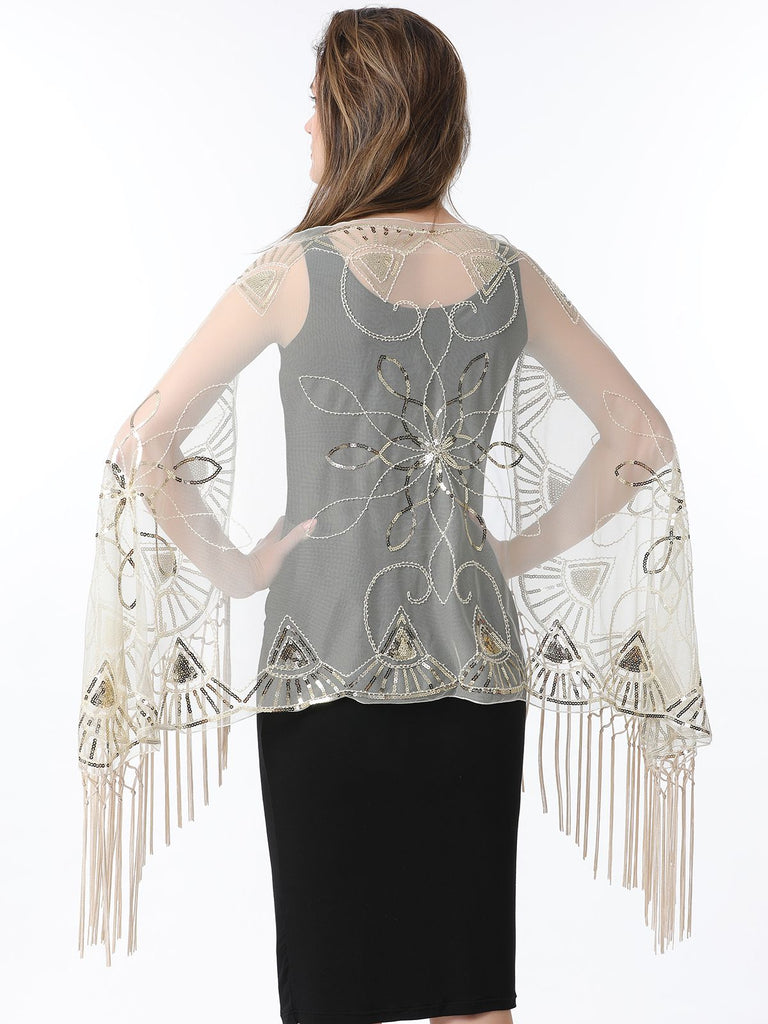 1920er Quaste Pailletten Netz Geometrische Muster Cape