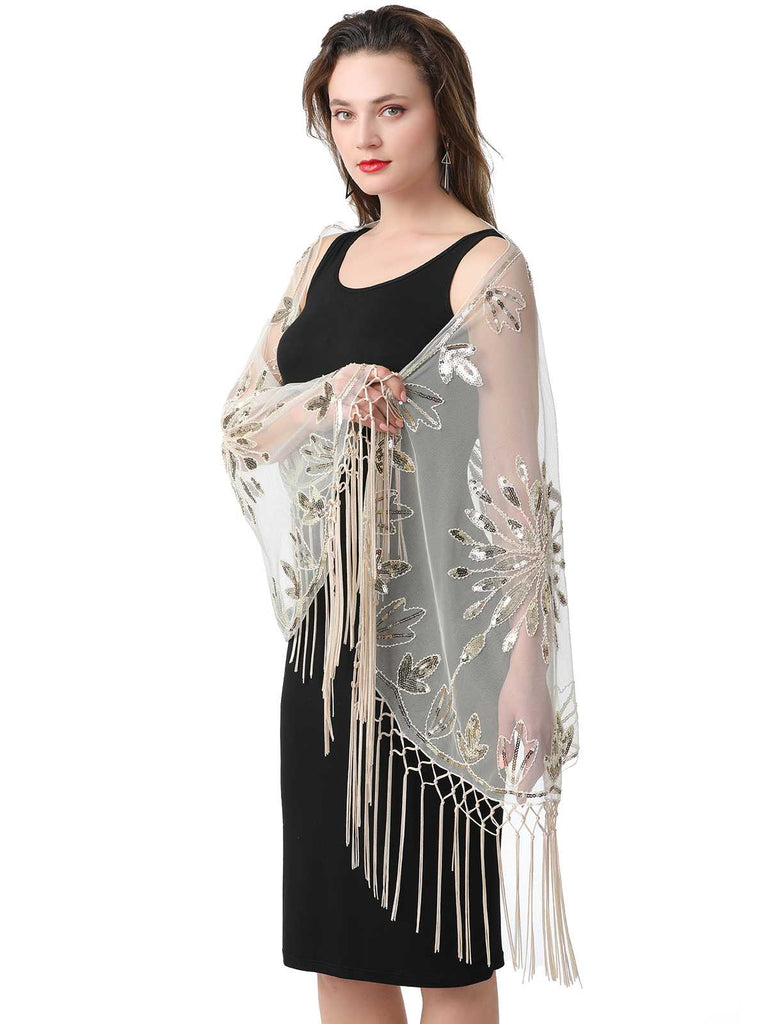 1920er Quaste Pailletten Netz Blumen Cape