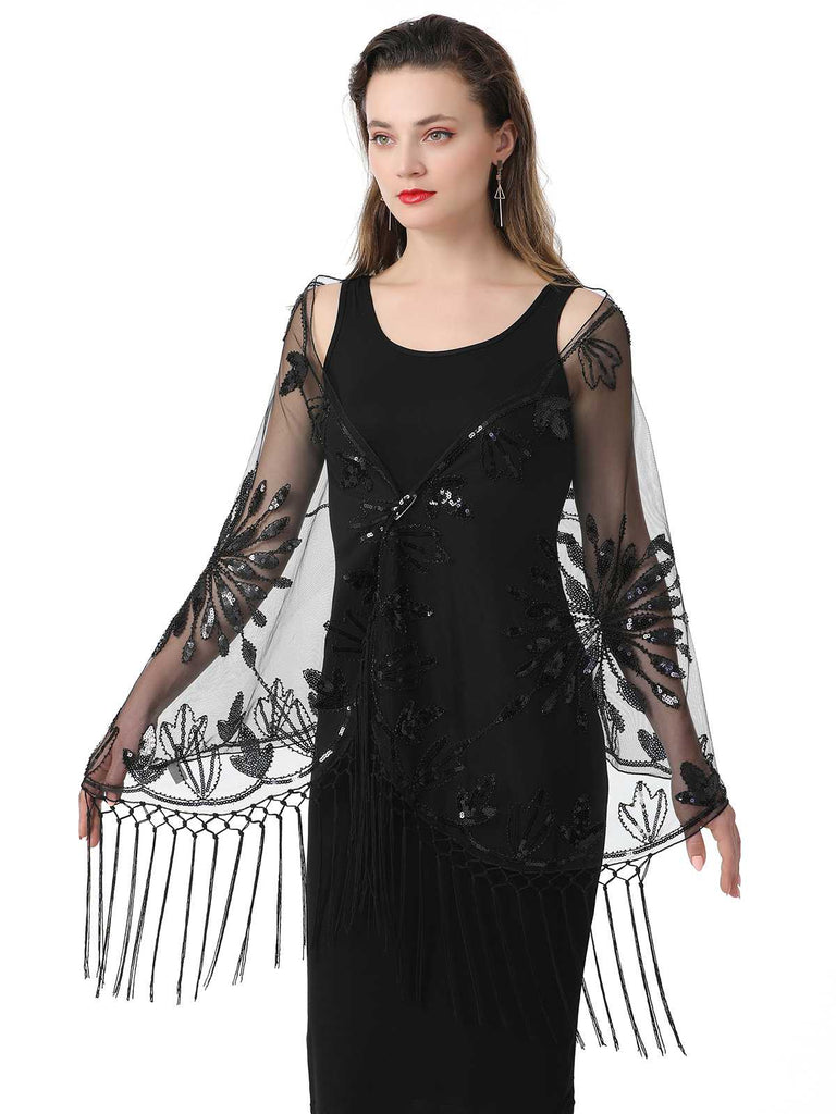 1920er Quaste Pailletten Netz Blumen Cape