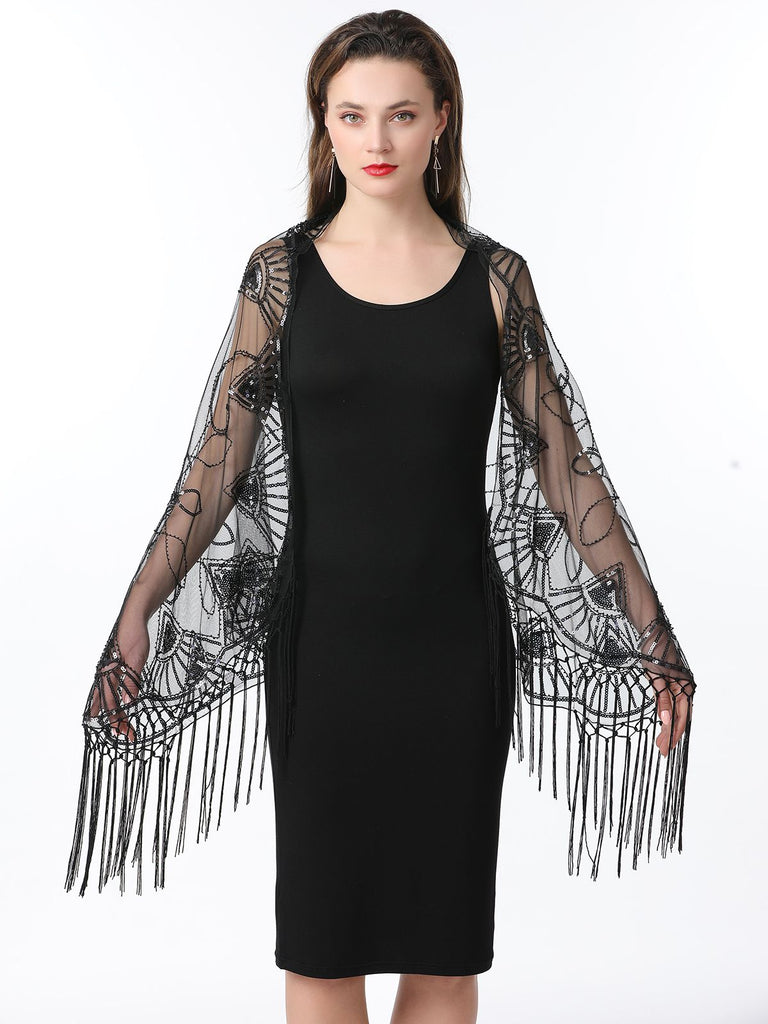 1920er Quaste Pailletten Netz Geometrische Muster Cape