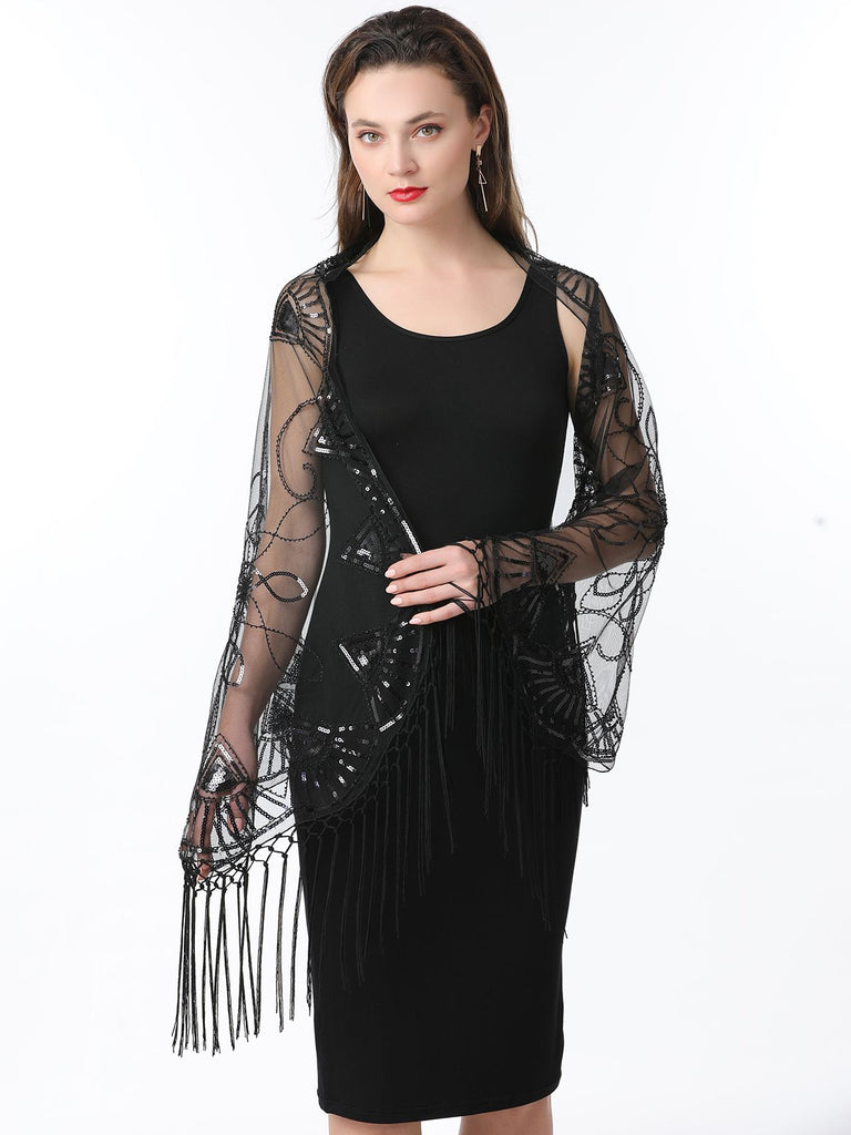 1920er Quaste Pailletten Netz Geometrische Muster Cape