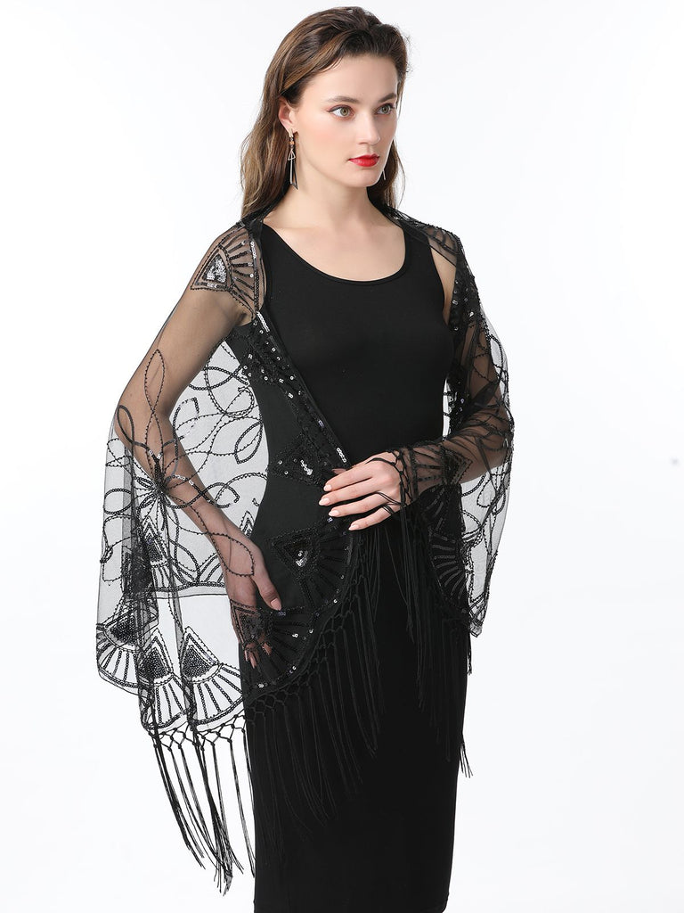 1920er Quaste Pailletten Netz Geometrische Muster Cape