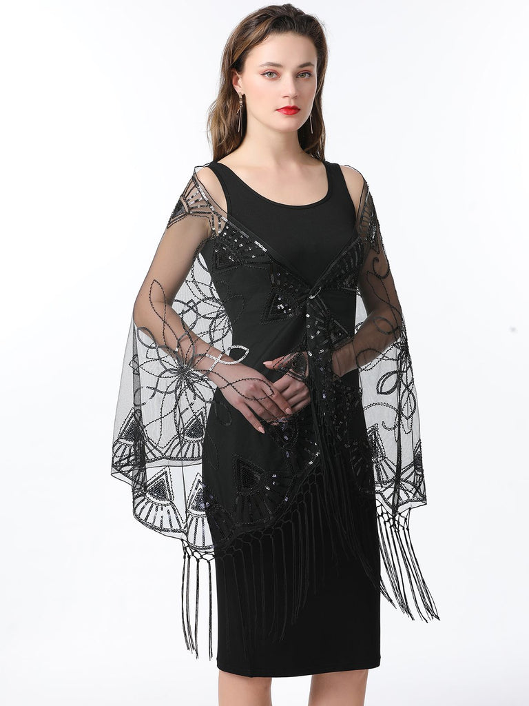1920er Quaste Pailletten Netz Geometrische Muster Cape