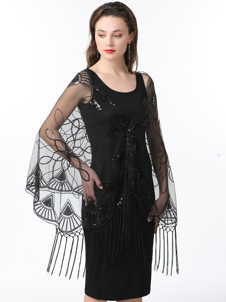 1920er Quaste Pailletten Netz Geometrische Muster Cape
