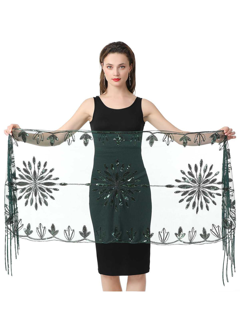 1920er Quaste Pailletten Netz Blumen Cape