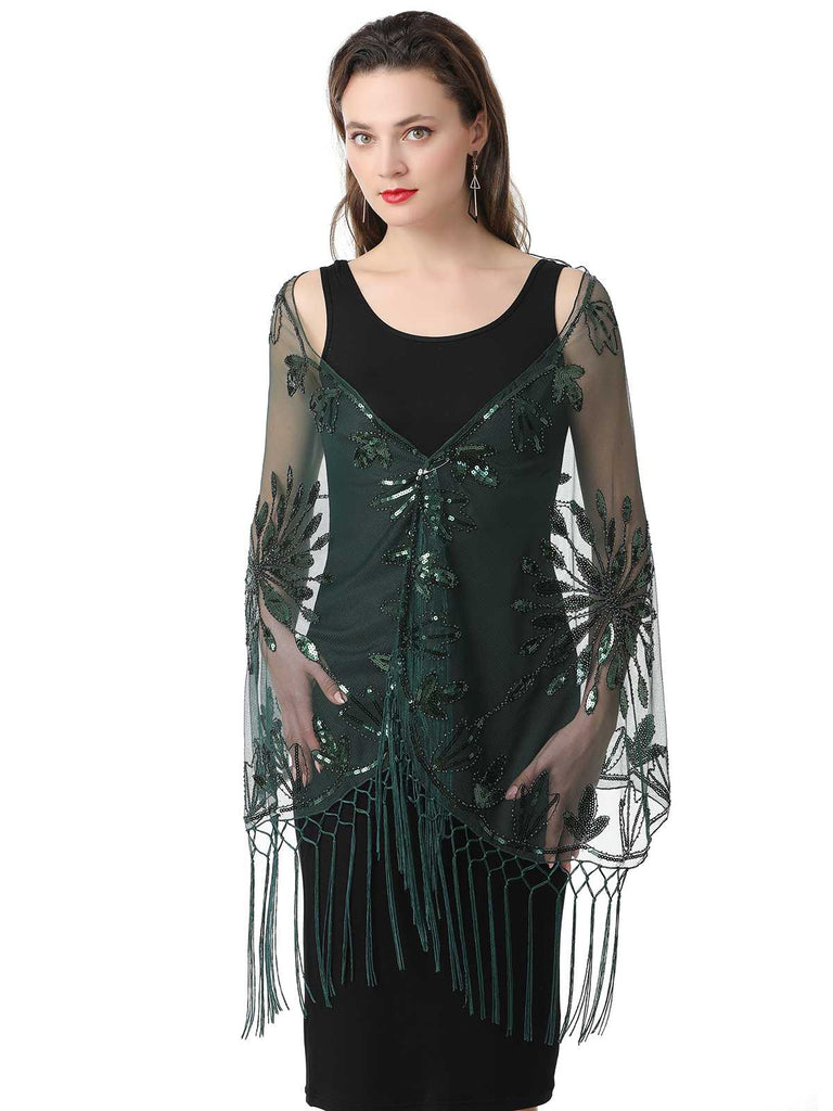 1920er Quaste Pailletten Netz Blumen Cape