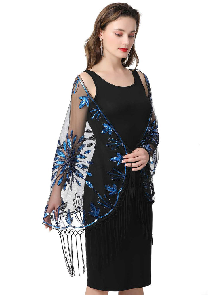 1920er Quaste Pailletten Netz Blumen Cape