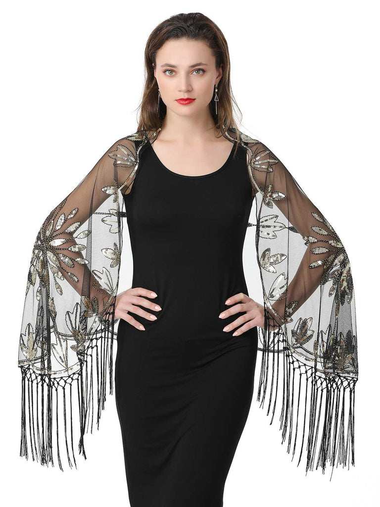 1920er Quaste Pailletten Netz Blumen Cape