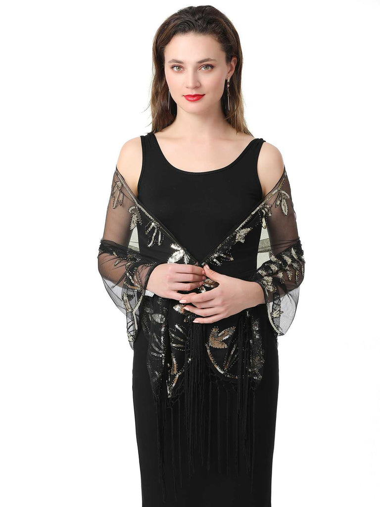 1920er Quaste Pailletten Netz Blumen Cape